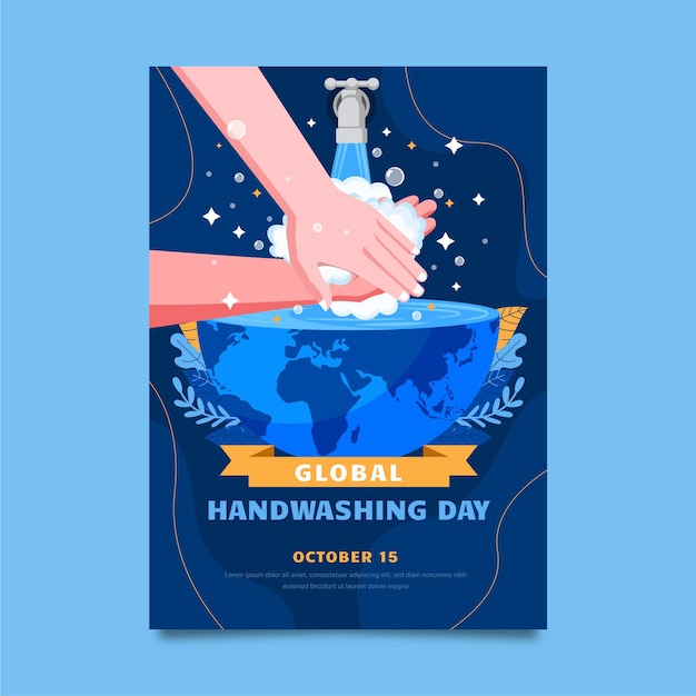 Plantilla de volante vertical del día mundial del lavado de manos plano dibujado a mano