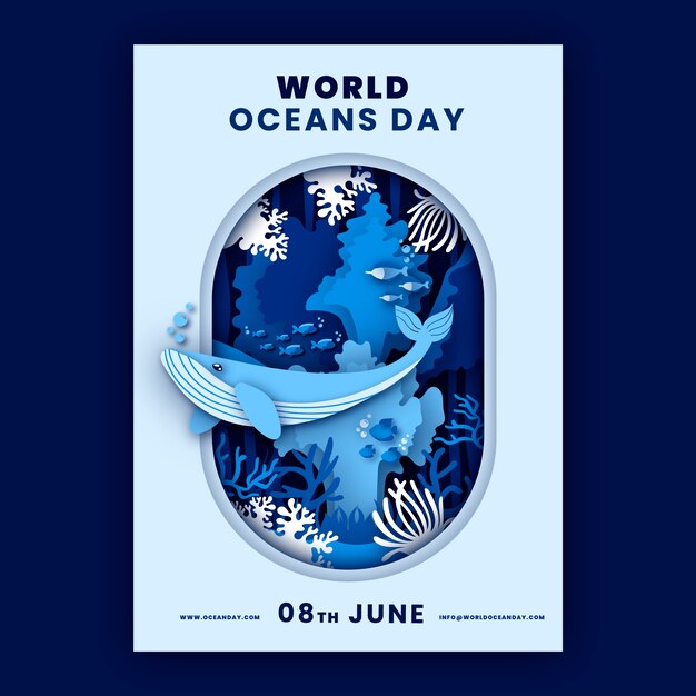 Plantilla de volante vertical del día mundial de los océanos de estilo papel