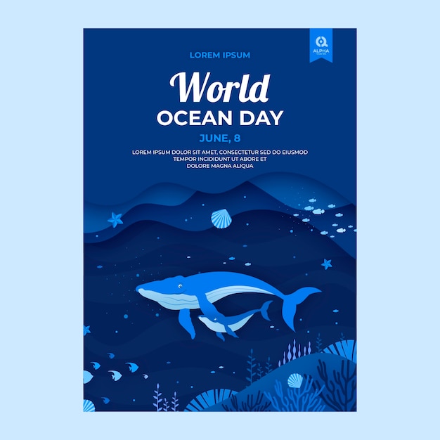 Plantilla de volante vertical de estilo de papel para la celebración del día mundial de los océanos