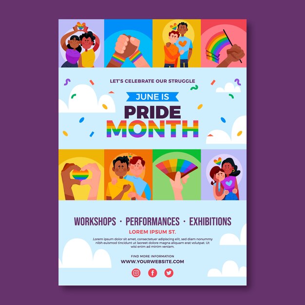 Plantilla de volante vertical lgbt del mes del orgullo plano