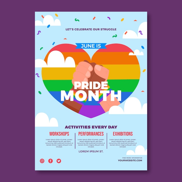 Plantilla de volante vertical lgbt del mes del orgullo plano