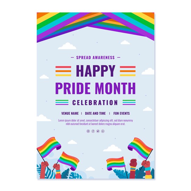 Plantilla de volante vertical lgbt del mes del orgullo plano