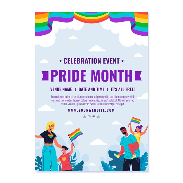 Plantilla de volante vertical lgbt del mes del orgullo plano