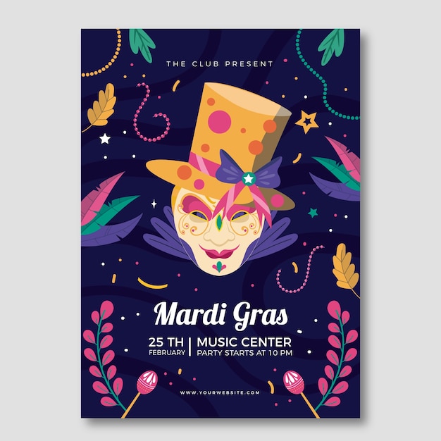 Vector gratuito plantilla de volante vertical de mardi gras plano