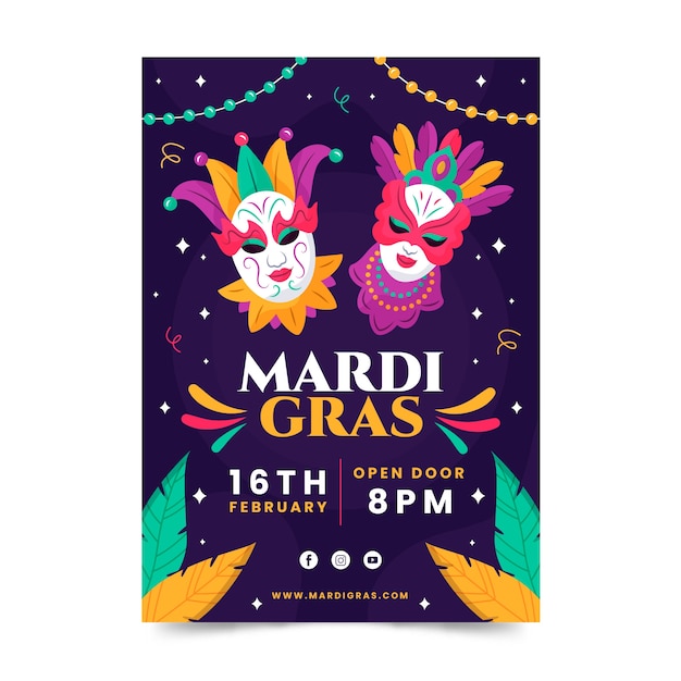 Vector gratuito plantilla de volante vertical de mardi gras plano