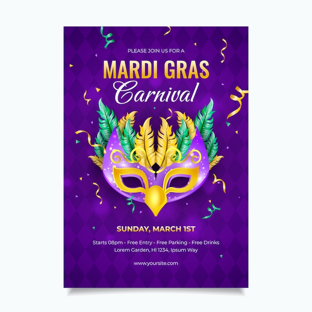 Vector gratuito plantilla de volante vertical de mardi gras realista