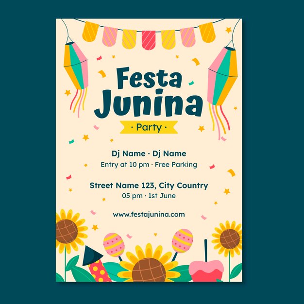 plantilla de volante vertical plana para la celebración de las festas juninas brasileñas