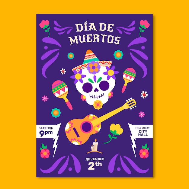 Plantilla de volante vertical plano celebración de dia de muertos