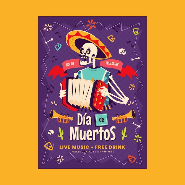 Vector gratuito plantilla de volante vertical plano celebración de dia de muertos