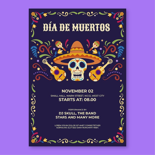 Vector gratuito plantilla de volante vertical plano celebración de dia de muertos