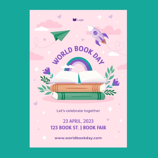 Plantilla de volante vertical plano para la celebración del día mundial del libro