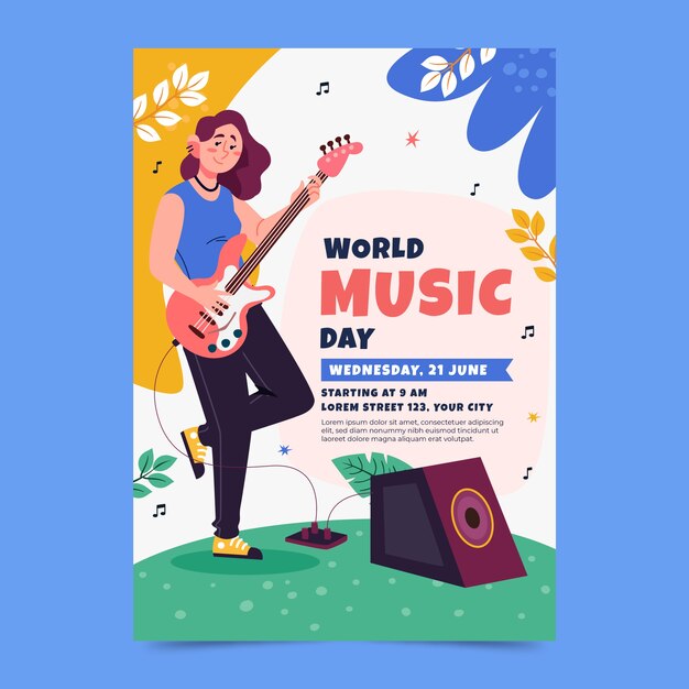 Plantilla de volante vertical plano para la celebración del día mundial de la música