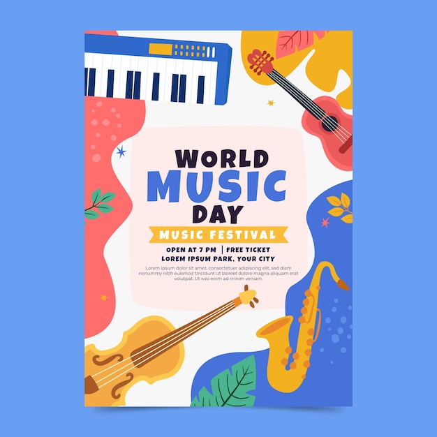 Vector gratuito plantilla de volante vertical plano para la celebración del día mundial de la música