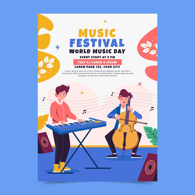 Plantilla de volante vertical plano para la celebración del día mundial de la música