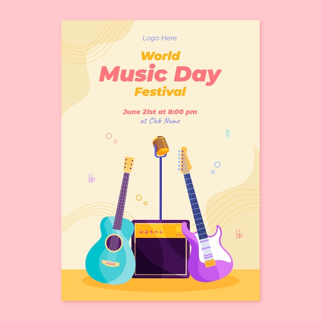 Plantilla de volante vertical plano para la celebración del día mundial de la música