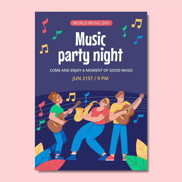 Plantilla de volante vertical plano para la celebración del día mundial de la música