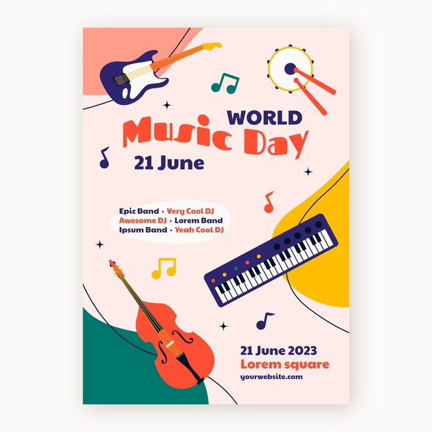 Plantilla de volante vertical plano para la celebración del día mundial de la música