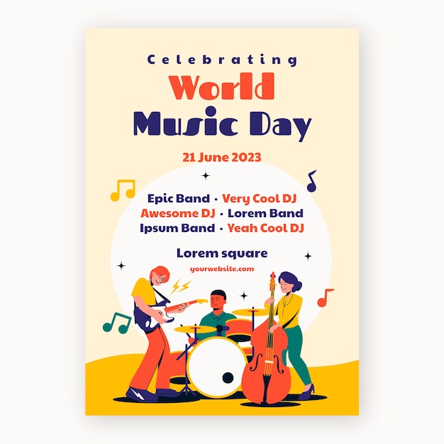 Plantilla de volante vertical plano para la celebración del día mundial de la música