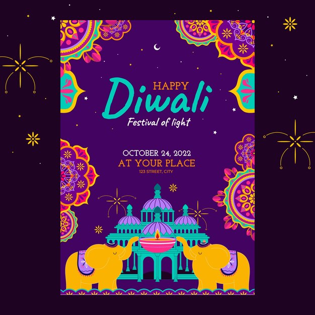 Plantilla de volante vertical plano para celebración de diwali