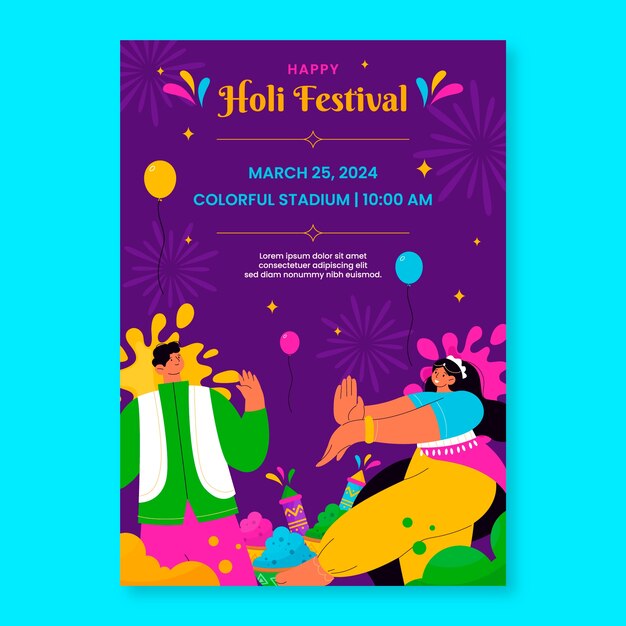 plantilla de volante vertical plano para la celebración del festival de Holi.