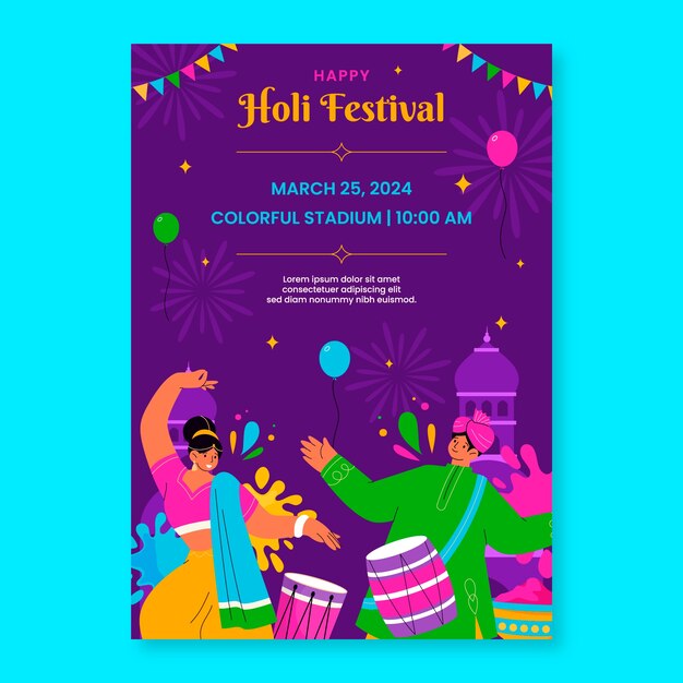 plantilla de volante vertical plano para la celebración del festival de Holi.