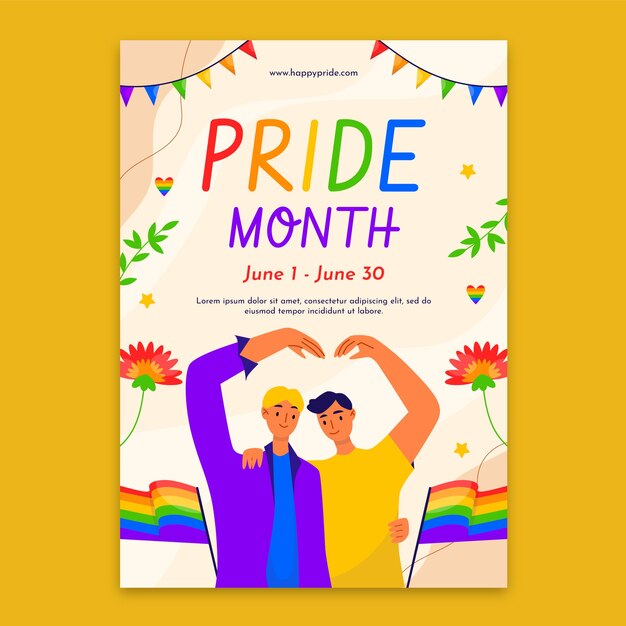 Plantilla de volante vertical plano para la celebración del mes del orgullo