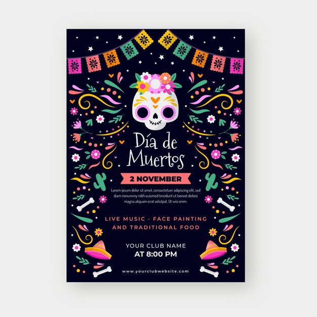 Plantilla de volante vertical plano dia de muertos