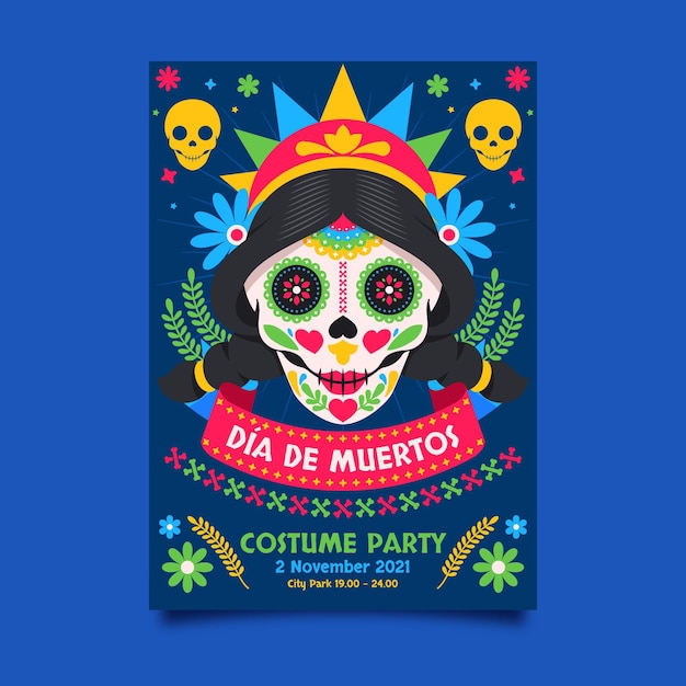 Vector gratuito plantilla de volante vertical plano dia de muertos