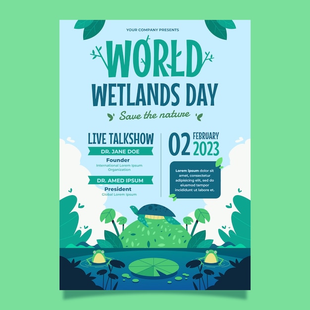 Plantilla de volante vertical plano del día mundial de los humedales con flores y fauna
