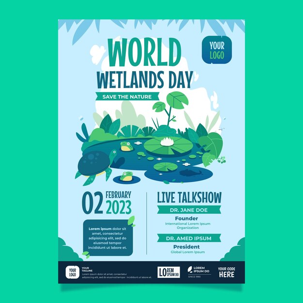 Plantilla de volante vertical plano del día mundial de los humedales con flores y fauna
