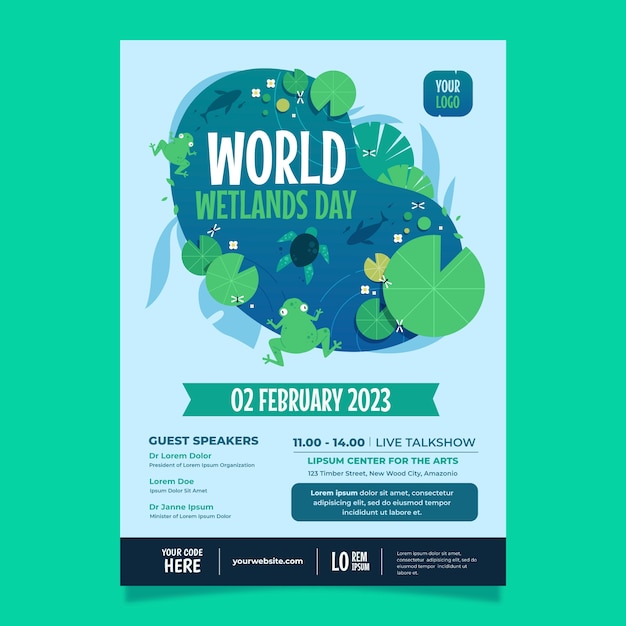 Plantilla de volante vertical plano del día mundial de los humedales con flores y fauna