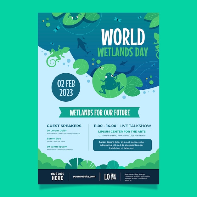 Plantilla de volante vertical plano del día mundial de los humedales con flores y fauna