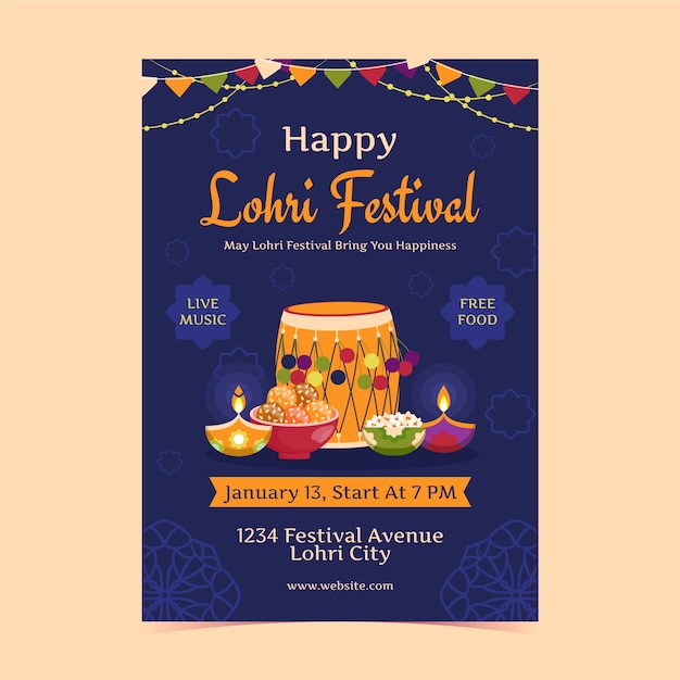 Vector gratuito plantilla de volante vertical plano para el festival lohri