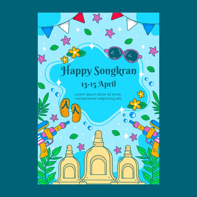 Plantilla de volante vertical de songkran dibujada a mano