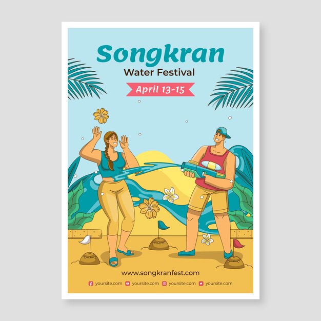 Plantilla de volante vertical de songkran dibujada a mano