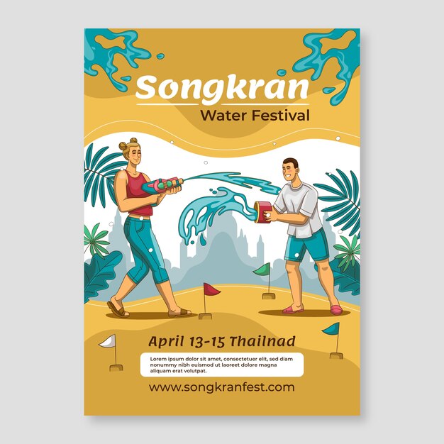 Plantilla de volante vertical de songkran dibujada a mano