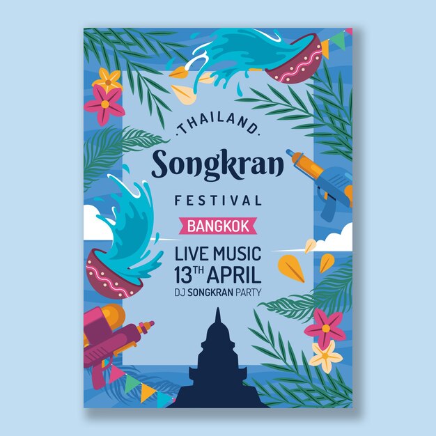 Plantilla de volante vertical de songkran plano