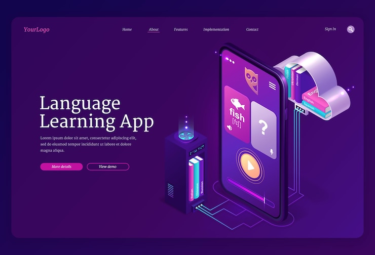 Vector gratuito plantilla web de aplicación de aprendizaje de idiomas. servicio de educación móvil en línea, formación digital en idiomas extranjeros