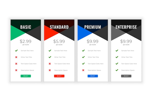 Vector gratuito plantilla web de comparación de precios y planes limpios
