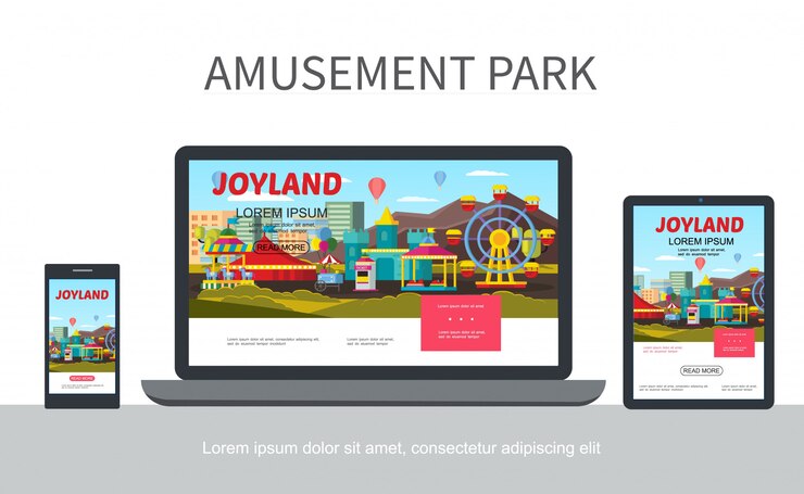Vector gratuito plantilla web de diseño adaptable de parque de atracciones plano con diferentes atracciones y carruseles en pantallas de tabletas móviles portátiles aisladas
