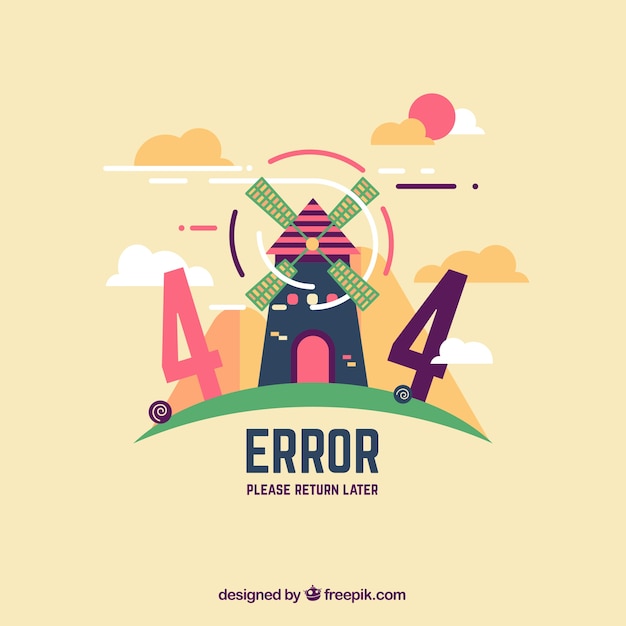 Vector gratuito plantilla web de error 404 con molino en estilo plano