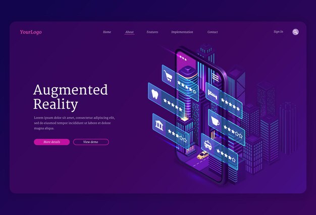Plantilla web de realidad aumentada. Tecnologías AR, aplicación inteligente para teléfono móvil con infografía virtual