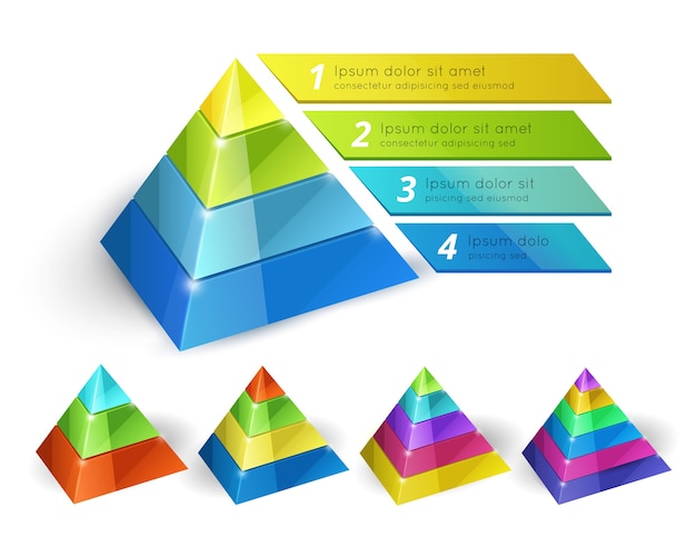 Plantillas 3d isométricas de gráfico piramidal de vector con opciones para infografías y presentaciones