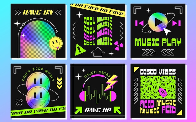 Plantillas de afiches de redes sociales de eventos musicales con sonrisas de formas geométricas y gradiente holográfico de arco iris Conjunto de volantes de pancartas en estilo y2k Afiches disco con elementos de holograma de espacio de copia de neón