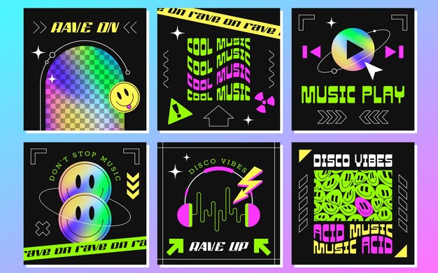 Plantillas de afiches de redes sociales de eventos musicales con sonrisas de formas geométricas y gradiente holográfico de arco iris Conjunto de volantes de pancartas en estilo y2k Afiches disco con elementos de holograma de espacio de copia de neón