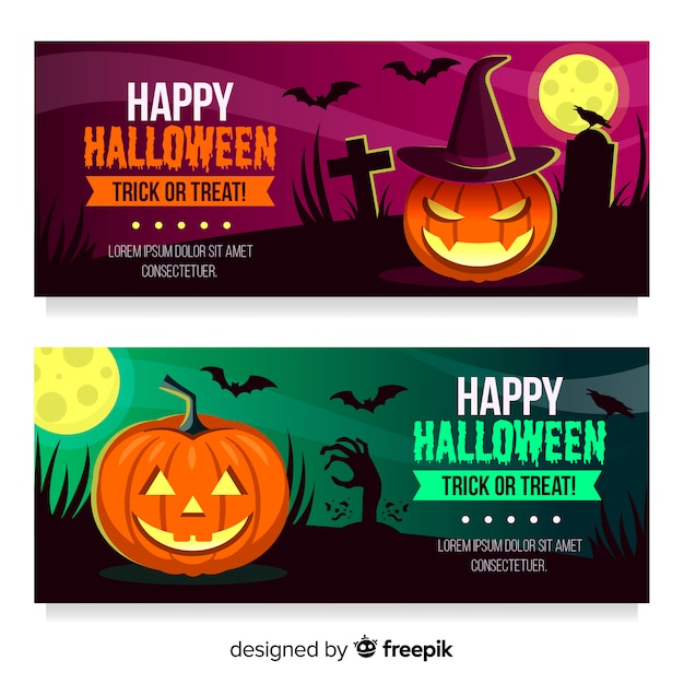 Plantillas de banners de halloween con calabazas y tumbas