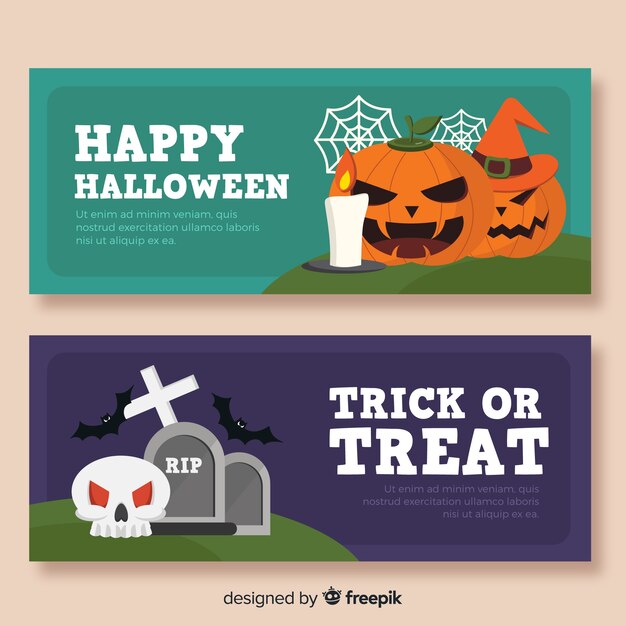 Plantillas de banners de halloween con calabazas y tumbas