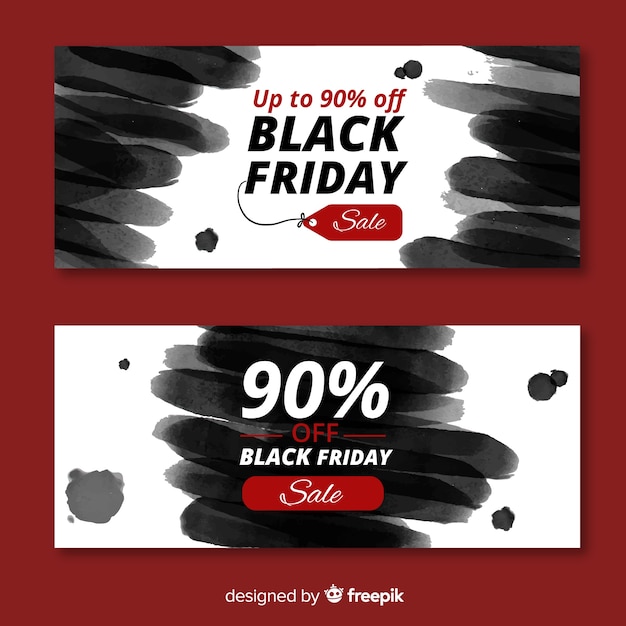 Vector gratuito plantillas de banners de rebajas de black friday  con manchas de acuarela