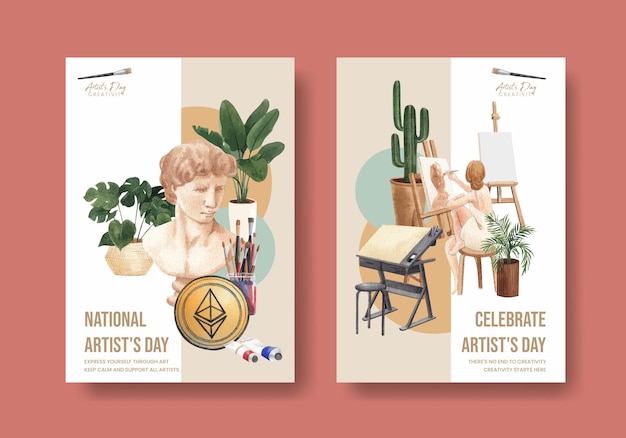 Vector gratuito plantillas de carteles con el día internacional del artista en estilo acuarela.