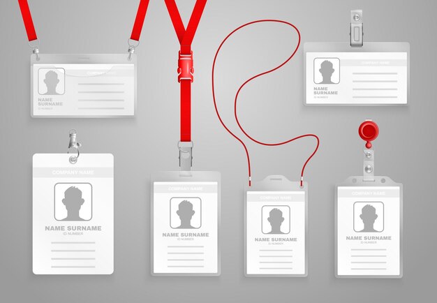 Plantillas de insignias de nombre realistas con clips de cordones rojos y soportes aislados en la ilustración de vector de fondo gris